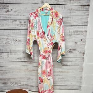 Natori Floral Butterfly Turquoise Pink Robe Large